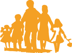 Logo organizacji w kolorze pomarańczowym przedstawiające grupę ludzi, dorosłych i dzieci trzymających się za ręce.